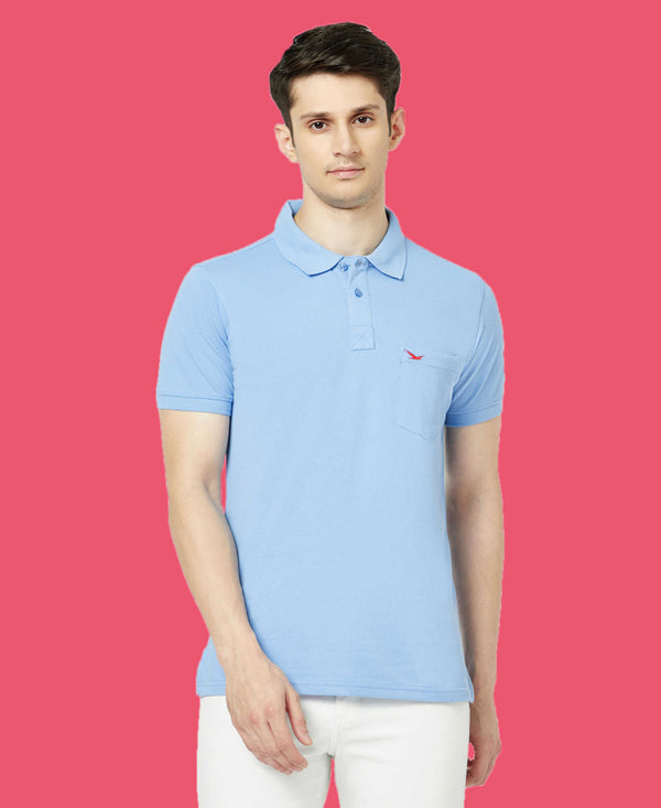 HiFlyers Men'S Solid Regular Fit Polo T-Shirt With Pocket -Light Sky Blue