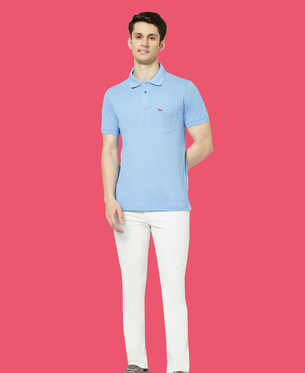 HiFlyers Men'S Solid Regular Fit Polo T-Shirt With Pocket -Light Sky Blue