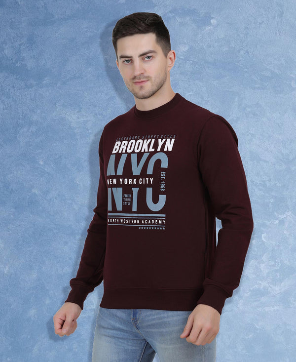HiFlyers Mens Maroon Slim Fit Printed Round Neck Sweatshirt