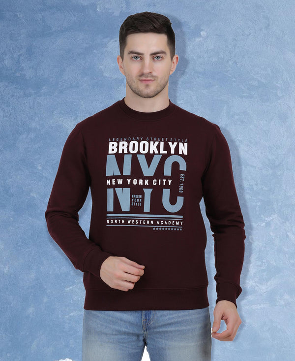 HiFlyers Mens Maroon Slim Fit Printed Round Neck Sweatshirt