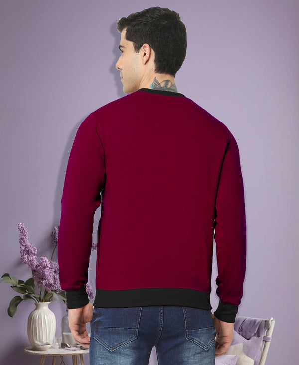 HiFlyers Men Slim Fit Cotrast Rib Cotton Fleece Round Neck Sweatshirt -Maroon