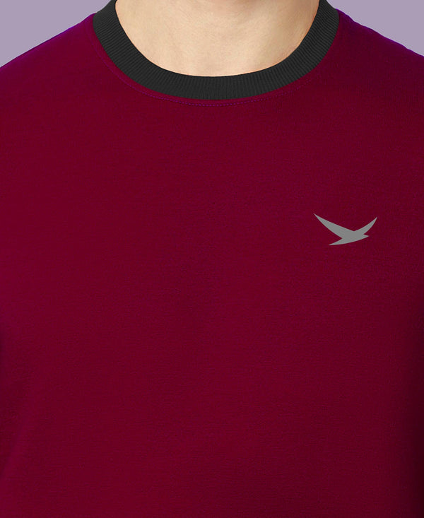 HiFlyers Men Slim Fit Cotrast Rib Cotton Fleece Round Neck Sweatshirt -Maroon