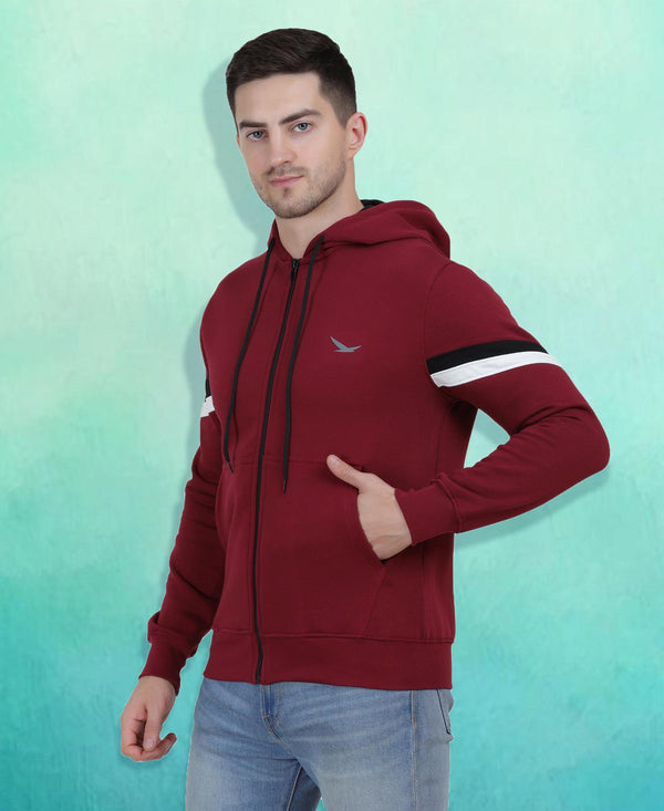 HiFlyers Mens Maroon Regular Fit Printed Sweatshirt With Hood And Zipper