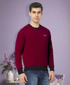 HiFlyers Men Slim Fit Cotrast Rib Cotton Fleece Round Neck Sweatshirt -Maroon