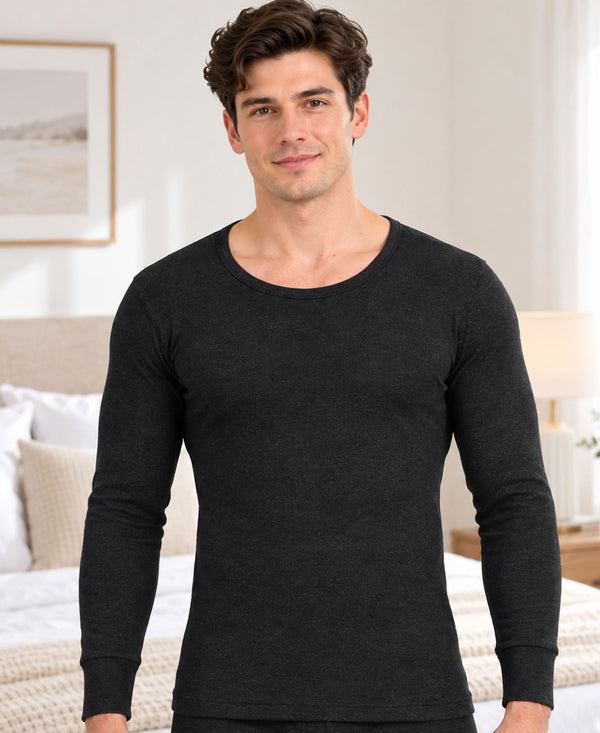 T.T. Men Regular Fit Cotton Rich With Elastomeric Finish Thermal Top Pack Of 2-Black