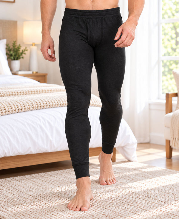 T.T. Men Regular Fit Cotton Rich With Elastomeric Finish Thermal Trouser Pack Of 2-Black