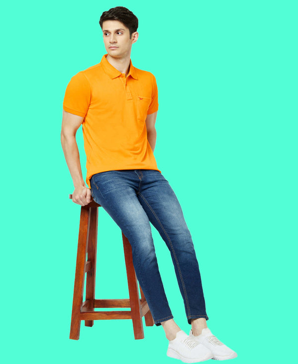 HiFlyers Men'S Solid Regular Fit Polo T-Shirt With Pocket -Mustard
