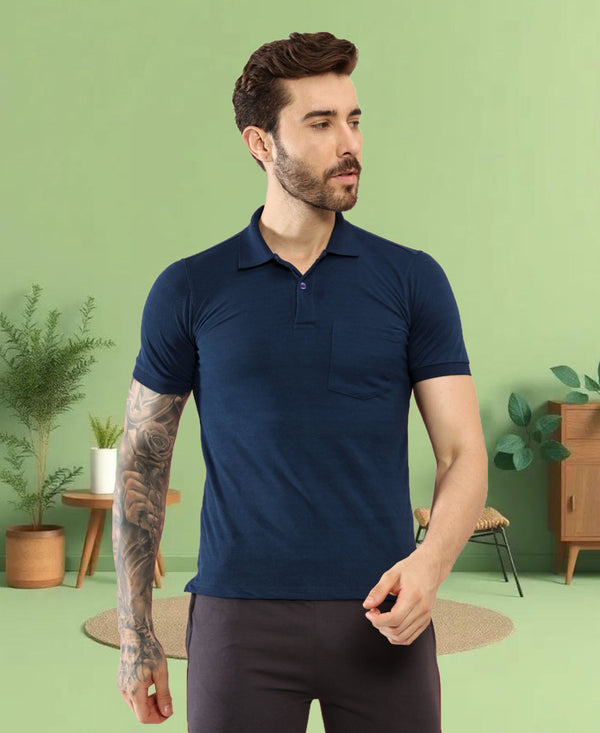 T.T. Men Slim Fit Cotton Polyster Pique Polo Half Sleeve T-Shirt Navy