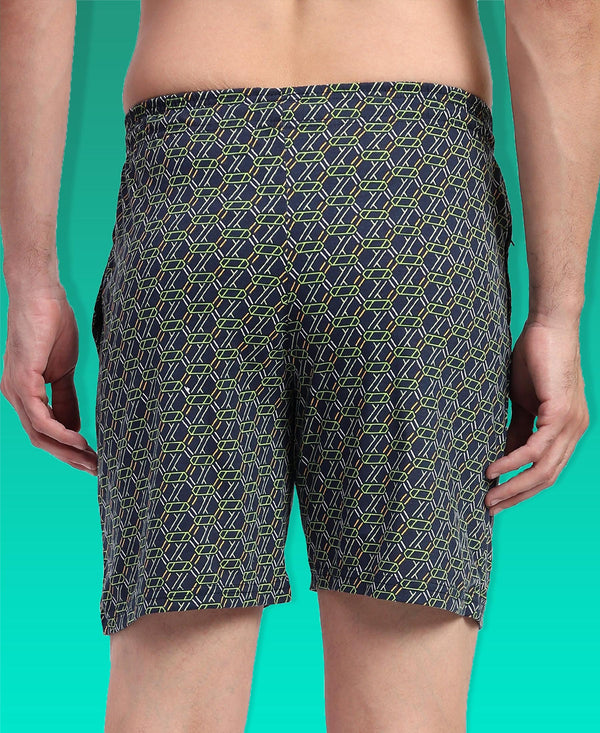 T.T. Men Regular Fit Cotton Polyster Printed Short With Zip Pocket Pack Of 1-Navy Geometric