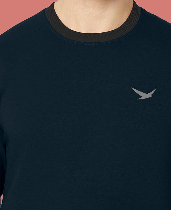 HiFlyers Men Slim Fit Cotrast Rib Cotton Fleece Round Neck Sweatshirt -Navy