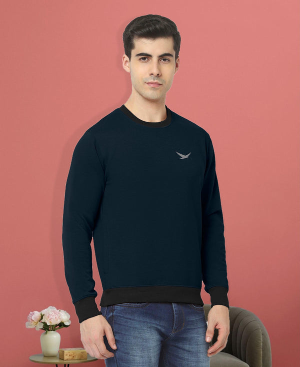 HiFlyers Men Slim Fit Cotrast Rib Cotton Fleece Round Neck Sweatshirt -Navy