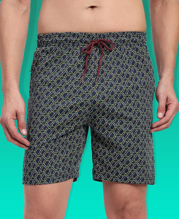T.T. Men Regular Fit Cotton Polyster Printed Short With Zip Pocket Pack Of 1-Navy Geometric
