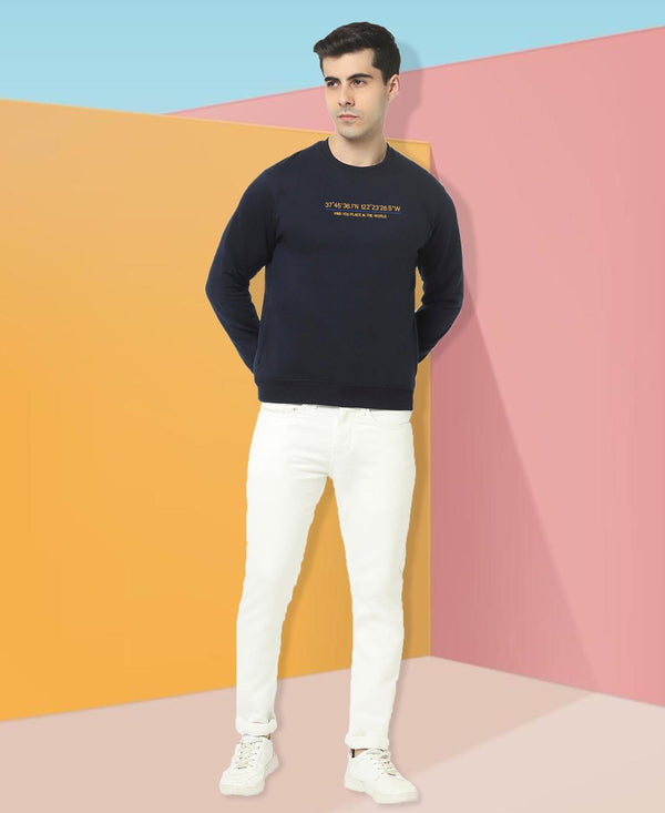 HiFlyers Men Slim Fit Slogan Printed Cotton Fleece Sweatshirt -Navy
