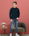 HiFlyers Men Slim Fit Cotrast Rib Cotton Fleece Round Neck Sweatshirt -Navy