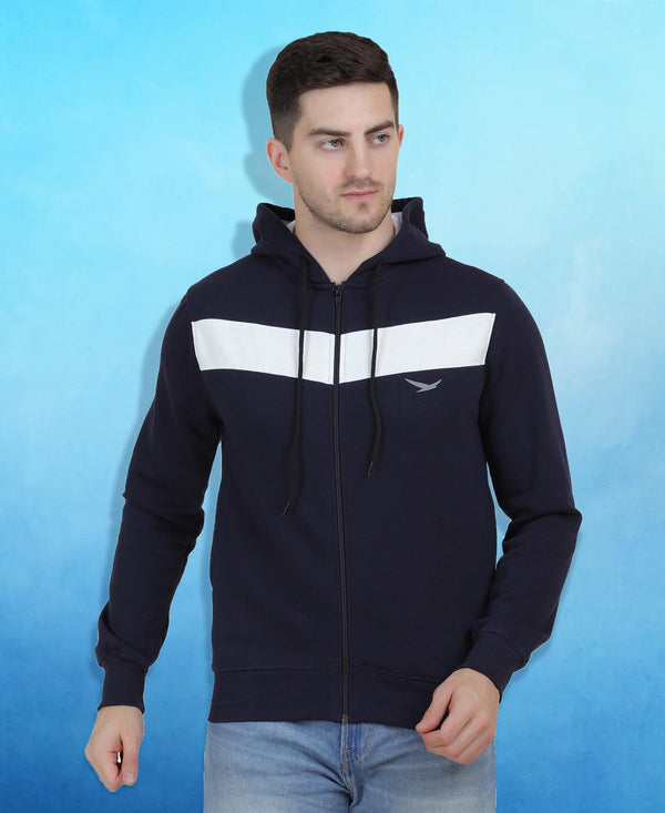 HiFlyers Mens Navy-White Regular Fit Printed Sweatshirt With Hood And Zipper