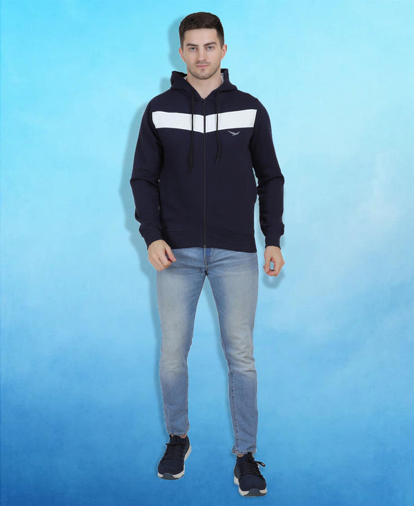 HiFlyers Mens Navy-White Regular Fit Printed Sweatshirt With Hood And Zipper