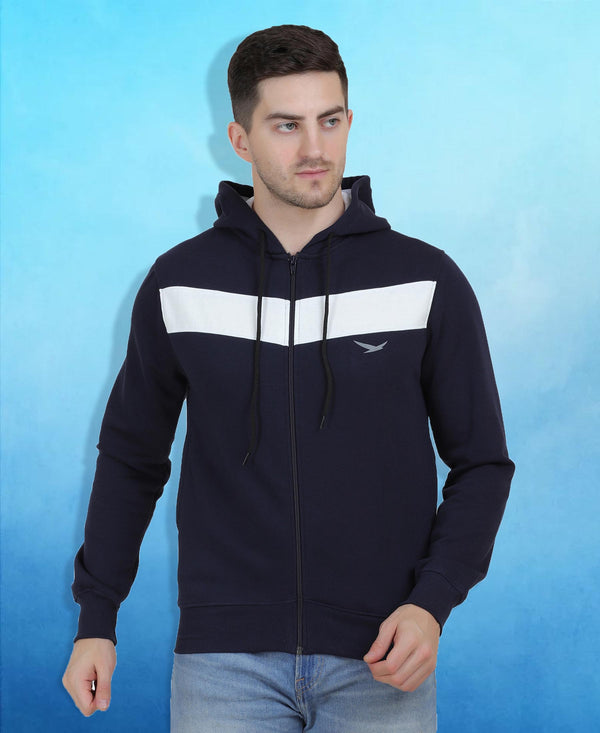 HiFlyers Mens Navy-White Regular Fit Printed Sweatshirt With Hood And Zipper