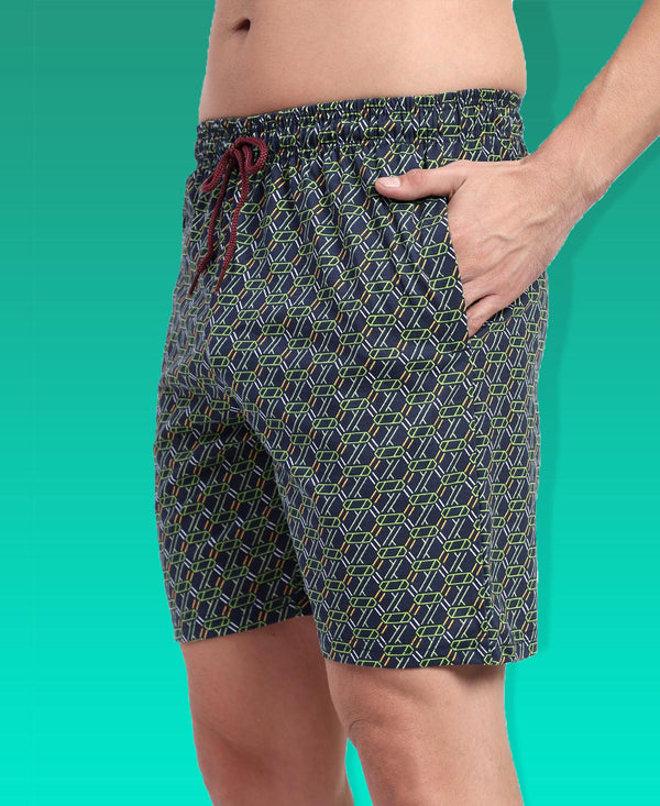 T.T. Men Regular Fit Cotton Polyster Printed Short With Zip Pocket Pack Of 1-Navy Geometric