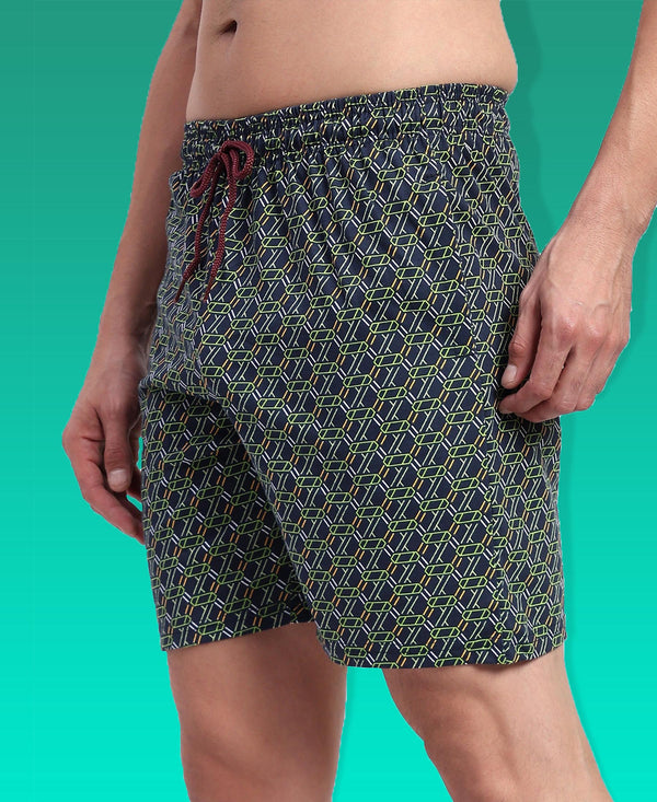 T.T. Men Regular Fit Cotton Polyster Printed Short With Zip Pocket Pack Of 1-Navy Geometric