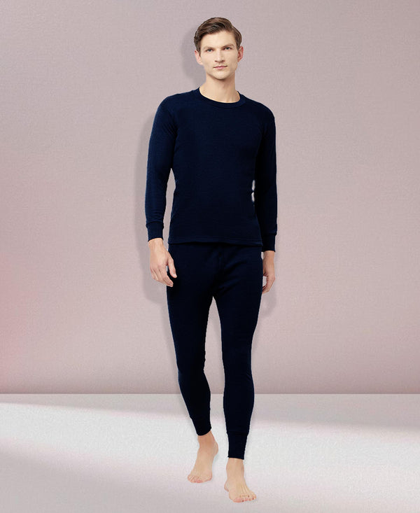 T.T. Men Regular Fit Hotpot Dyed Cotton Fleece Heavy Winter Thermal Set (Top & Bottom) -Navy