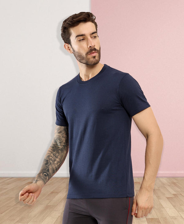 T.T. Men Eco Friendly (Cotton Rich) Recycled Fabric Solid Round Neck Regular Fit Navy