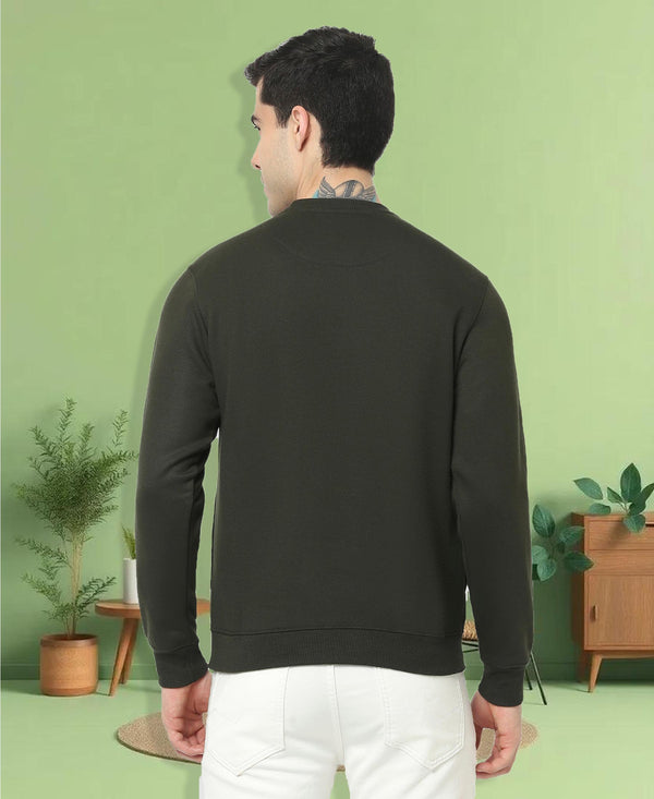 HiFlyers Men Slim Fit Slogan Printed Cotton Fleece Sweatshirt -Olive