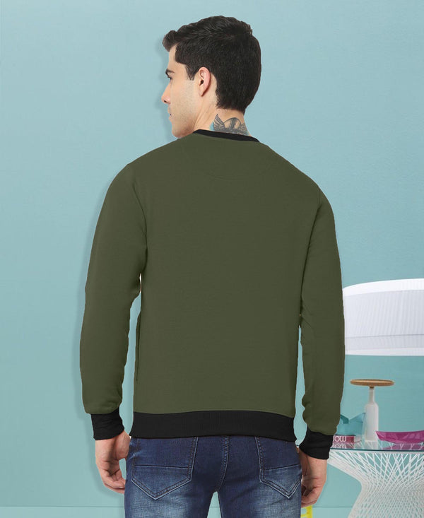 HiFlyers Men Slim Fit Cotrast Rib Cotton Fleece Round Neck Sweatshirt -Olive