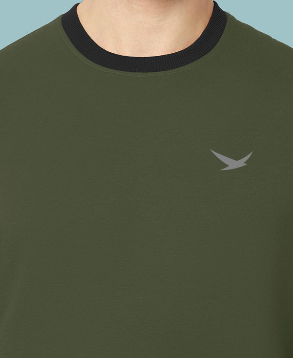 HiFlyers Men Slim Fit Cotrast Rib Cotton Fleece Round Neck Sweatshirt -Olive