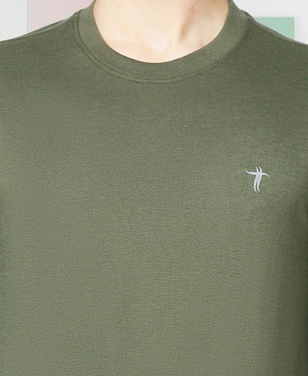 T.T. Men Olive Cotton Polyster Regular Fit Solid Sweatshirt Style Tshirt