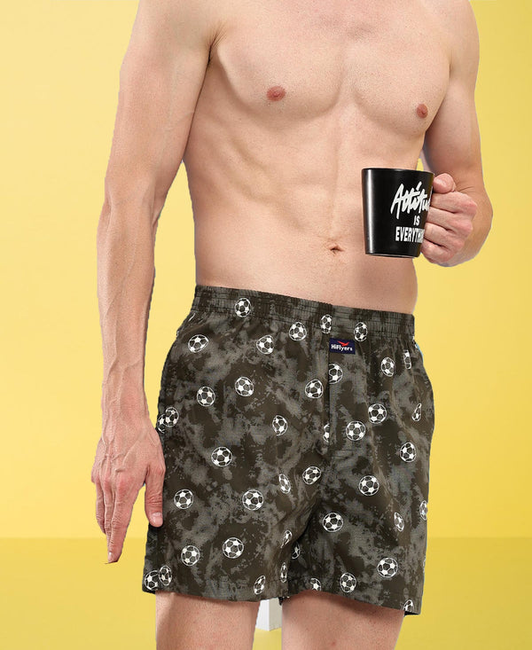 HiFlyers Men Regular Fit Printed Super Combed Cotton Woven Boxer Short Pack Of 1 Olive