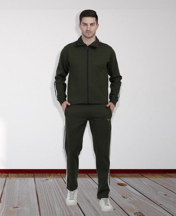 HiFlyers Mens Olive Regular Fit Solid Fleece Tracksuit