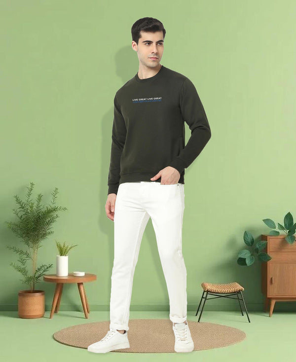 HiFlyers Men Slim Fit Slogan Printed Cotton Fleece Sweatshirt -Olive