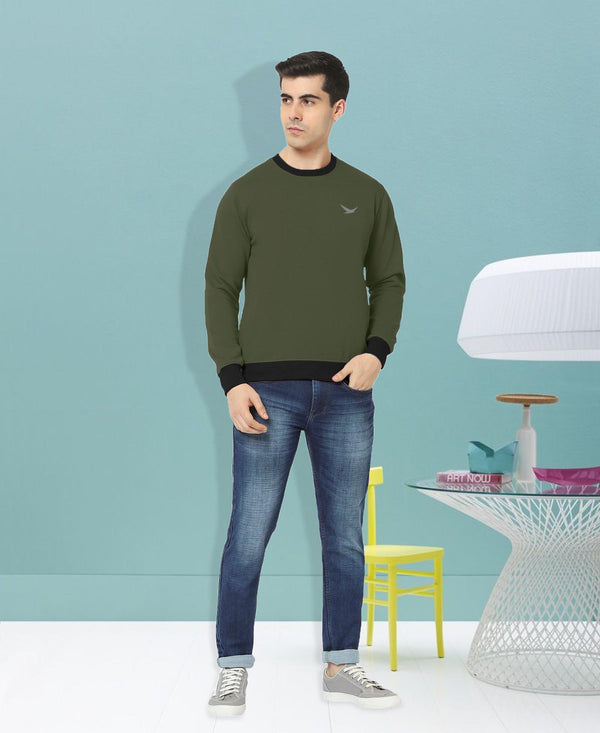 HiFlyers Men Slim Fit Cotrast Rib Cotton Fleece Round Neck Sweatshirt -Olive