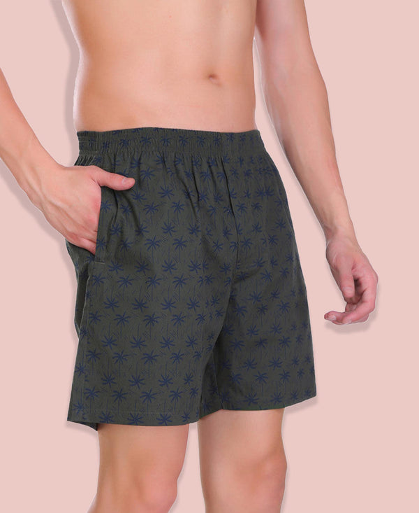 HiFlyers Men Printed Cotton Boxer Short Olive Green