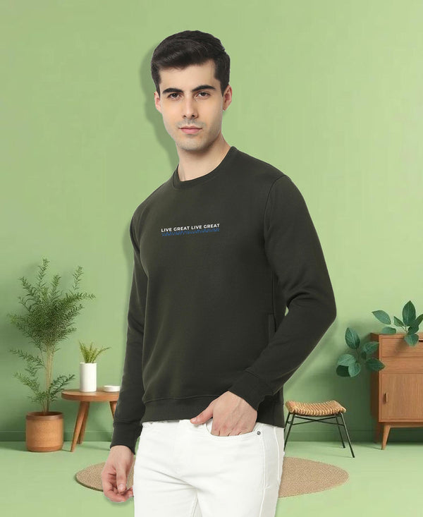 HiFlyers Men Slim Fit Slogan Printed Cotton Fleece Sweatshirt -Olive