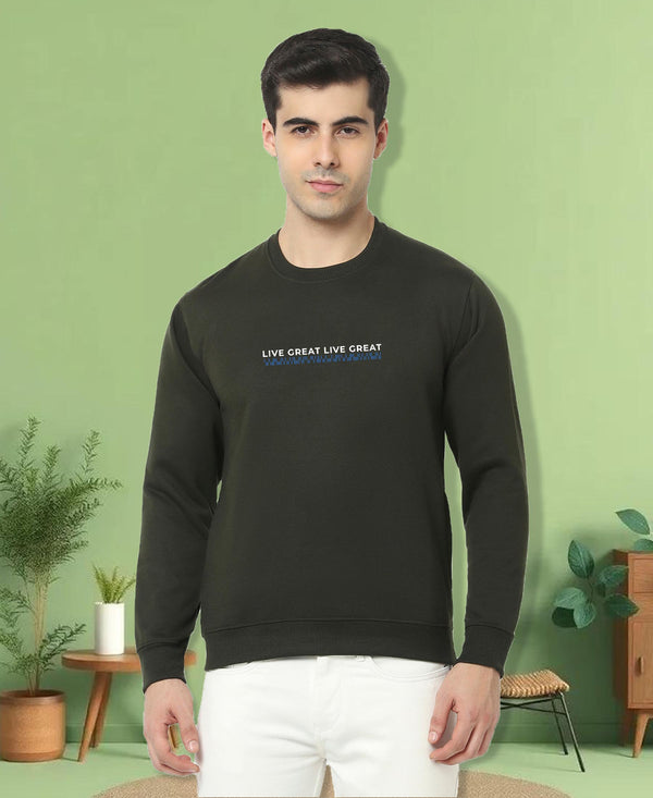 HiFlyers Men Slim Fit Slogan Printed Cotton Fleece Sweatshirt -Olive
