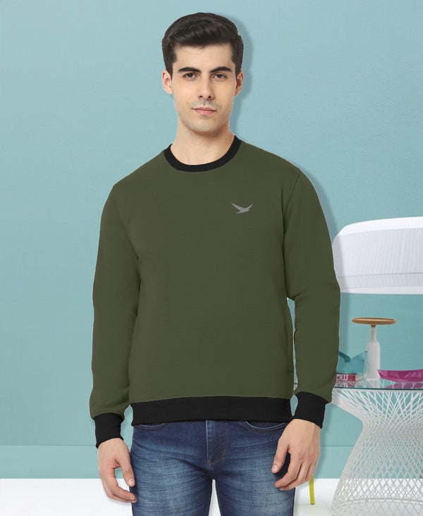 HiFlyers Men Slim Fit Cotrast Rib Cotton Fleece Round Neck Sweatshirt -Olive