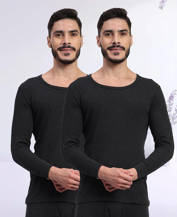 T.T. Men Regular Fit Cotton Rich With Elastomeric Finish Thermal Top Pack Of 2-Black
