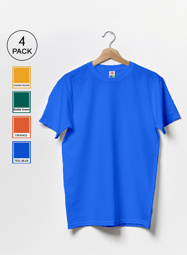 T.T. Men'S Eco Friendly (Cotton Rich) Recycled Fabric Solid Regular Fit Round Neck T-Shirt Pack Of 4 -Yellow-Green-Teel-Orange
