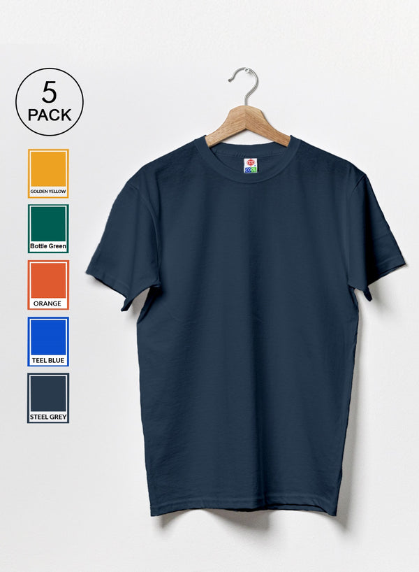 T.T. Men'S Eco Friendly (Cotton Rich) Recycled Fabric Solid Regular Fit Round Neck T-Shirt Pack Of 5 -Yellow-Green-Orange-Teel-Steel Grey