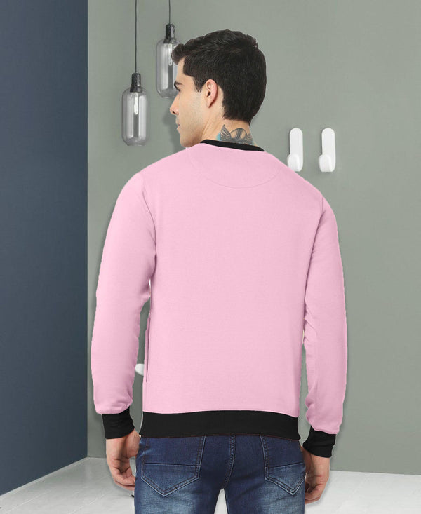HiFlyers Men Slim Fit Cotrast Rib Cotton Fleece Round Neck Sweatshirt -Pink