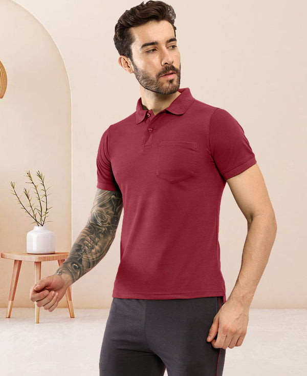 T.T. Men Slim Fit Cotton Polyster Pique Polo Half Sleeve T-Shirt Maroon
