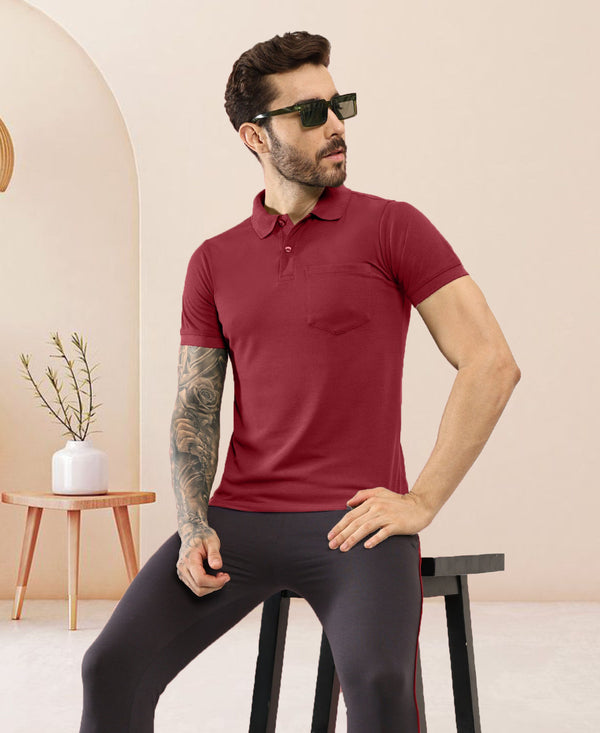 T.T. Men Slim Fit Cotton Polyster Pique Polo Half Sleeve T-Shirt Maroon