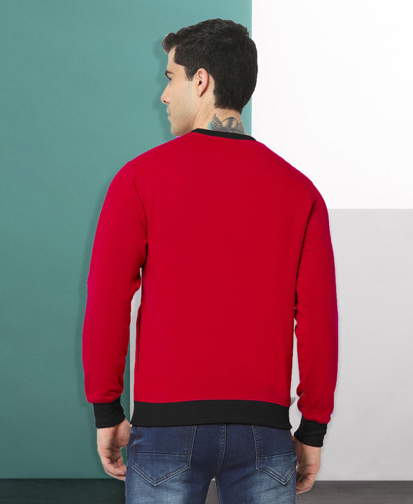 HiFlyers Men Slim Fit Cotrast Rib Cotton Fleece Round Neck Sweatshirt -Red