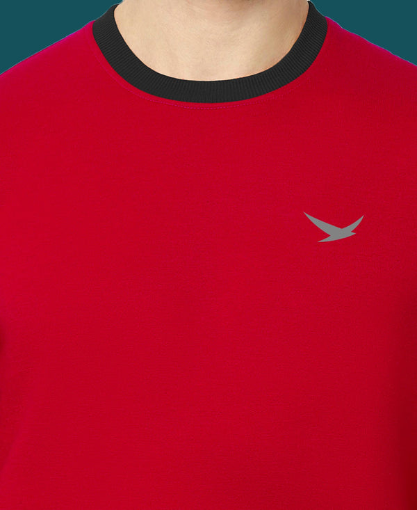 HiFlyers Men Slim Fit Cotrast Rib Cotton Fleece Round Neck Sweatshirt -Red
