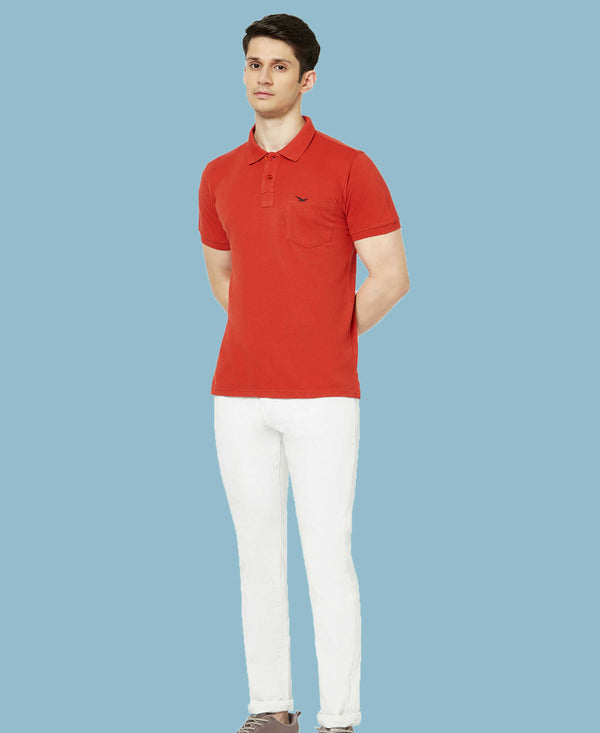 HiFlyers Men'S Solid Regular Fit Polo T-Shirt With Pocket -Rust