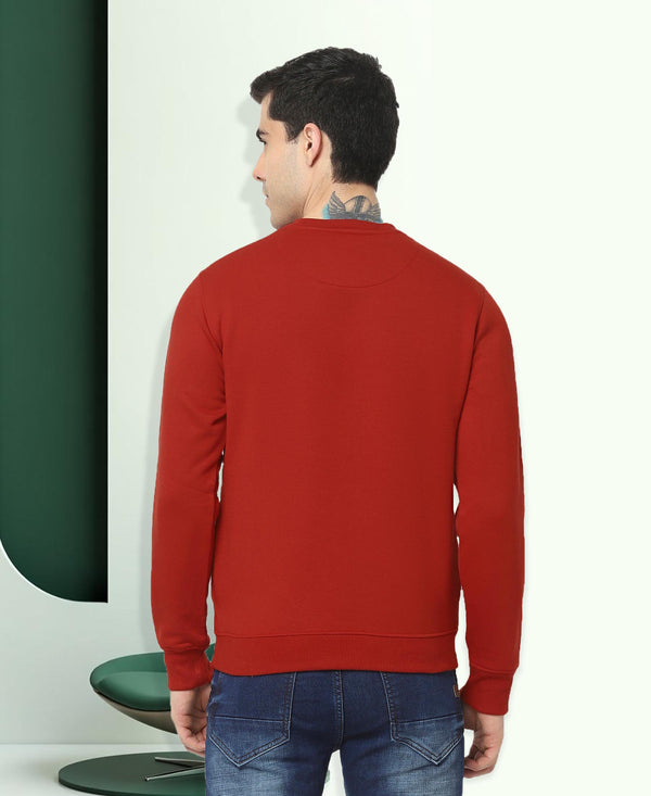 HiFlyers Men Slim Fit Slogan Printed Cotton Fleece Sweatshirt -Rust