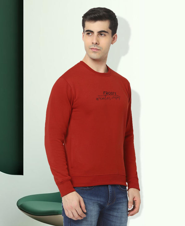 HiFlyers Men Slim Fit Slogan Printed Cotton Fleece Sweatshirt -Rust