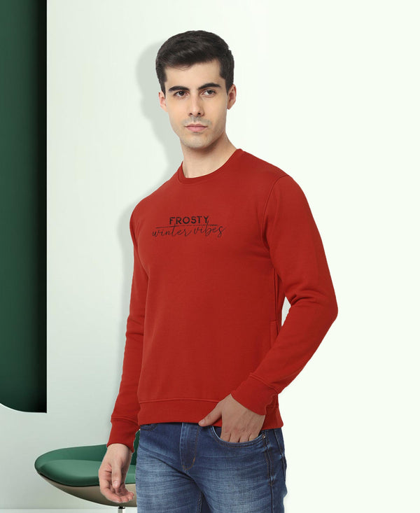 HiFlyers Men Slim Fit Slogan Printed Cotton Fleece Sweatshirt -Rust