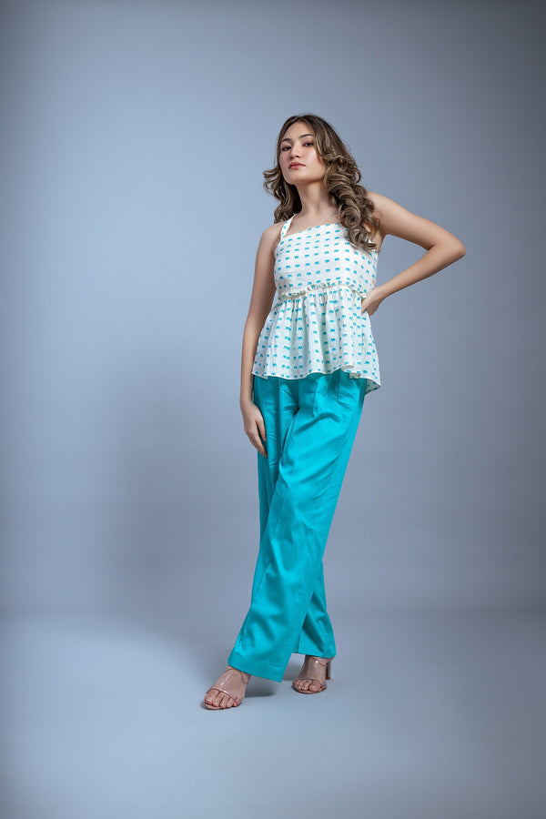 Garden Party Ivory Top With Firozi Trouser (Combo)
